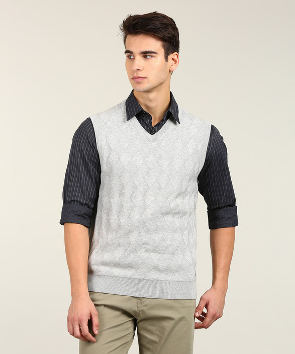 Nautica Self Design V,neck Casual Men\u0027s Grey Sweater
